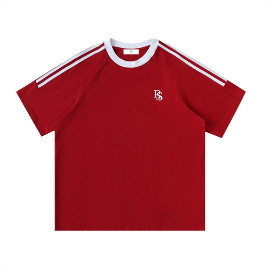 T-shirt Coton Col Rond Bandes Contrastées — Rouge Bordeaux
