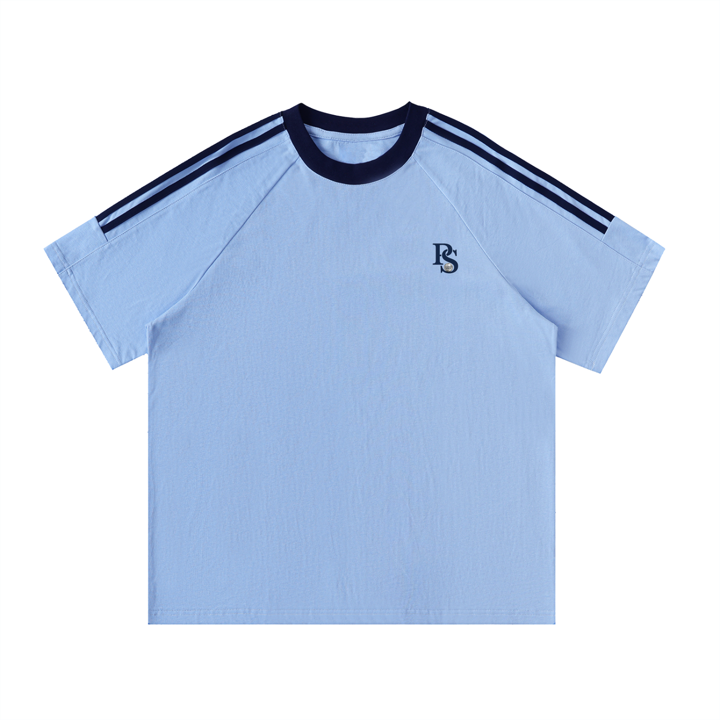 T-shirt Coton Col Rond Bandes Contrastées — Bleu Ciel