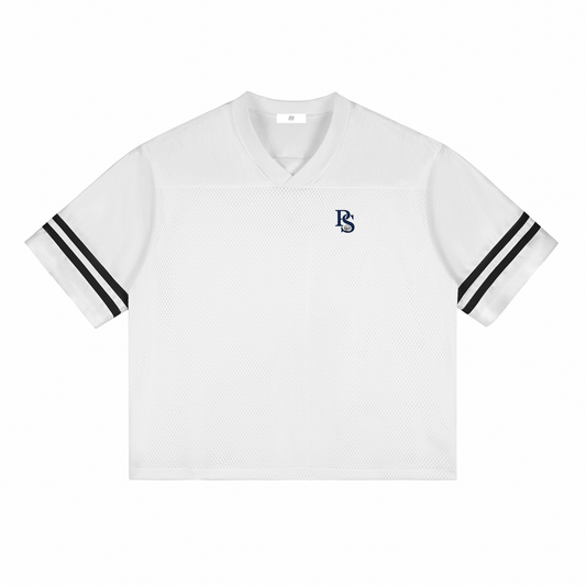 T-shirt Mesh Col V Épaules Tombantes — Blanc