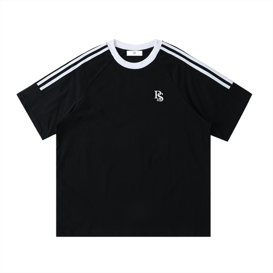 T-shirt Coton Col Rond Bandes Contrastées — Noir